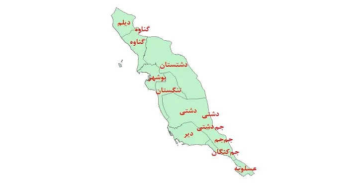 دانلود نقشه شیپ فایل (GIS) شهرستانهای استان بوشهر سال 1400