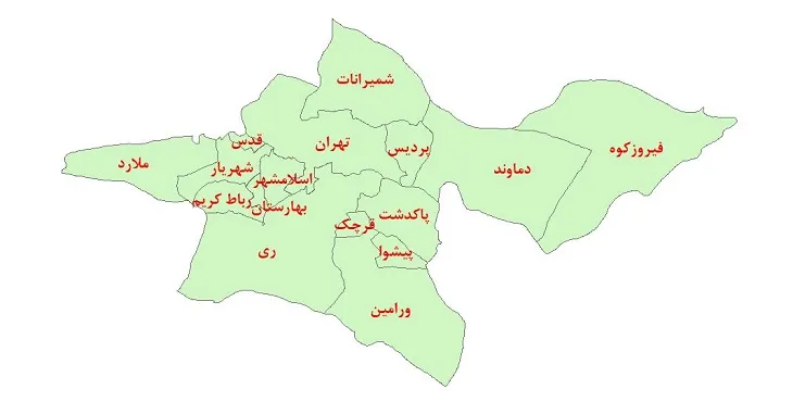 دانلود نقشه شیپ فایل (GIS) شهرستانهای استان تهران سال 1400